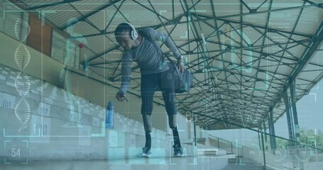 Poster - Man holding water bottle and wearing headphones, fitness data animation over stadium