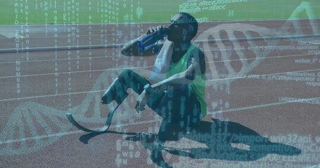 Poster - DNA strand and binary coding animation over athlete resting on track