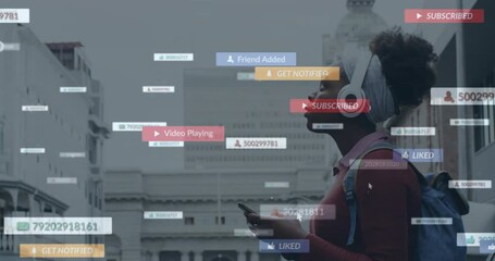 Poster - Social media notifications animation over person using smartphone in urban area