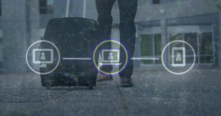 Poster - Walking with suitcase, person over digital network and security icons animation
