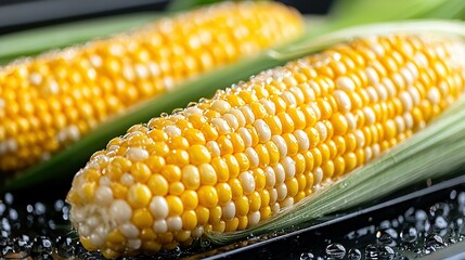 Poster -  Two corn on the cob with water droplets on the cob and on the side of the cob