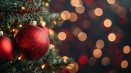 Wall Mural -   A close-up of a Christmas tree, with a red ornament dangling from its top