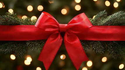 Sticker -   A close-up of a red ribbon on a Christmas tree with lights in the background and a red bow on top