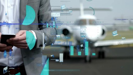 Poster - Business analytics and data visualization animation over man using smartphone near airplane