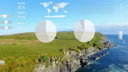 Sticker - Data visualization animation over coastal landscape with cliffs and ocean