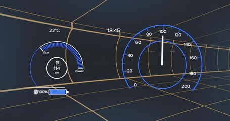 Poster - Speedometer and battery level animation over futuristic grid background