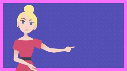 Poster - pointing woman in red dress animation over blue background with pink border