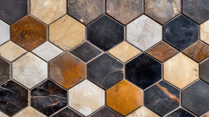 Wall Mural - A set of hexagonal wall tiles with abstract, interlocking patterns in metallic shades, creating a futuristic look