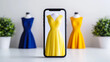 © fotogurme - Close-up of a smartphone displaying a dress rental app with trendy dresses on display vibrant colors and sleek interface online fashion convenience