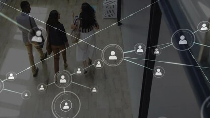 Poster - Network of connections and data processing animation over people walking in office