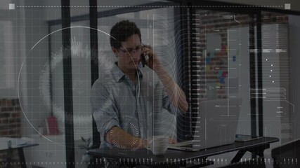 Aufkleber - Talking on phone, man in office with data processing animation over him