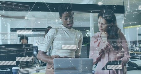 Poster - Analyzing data on laptop and tablet, businesswomen with network connections animation