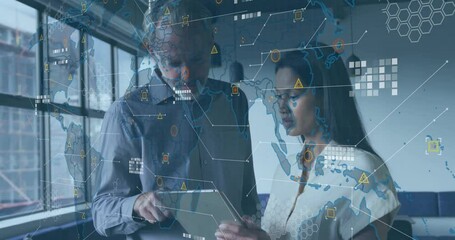 Poster - Global data network animation over business professionals discussing information on tablet