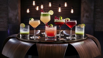 Alcohol cocktails with lime and pomegranate on table