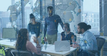 Poster - Global data analytics animation over diverse business team collaborating in office