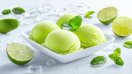 Wall Mural -  A white bowl filled with lime ice cream surrounded by sliced limes and fresh mint leaves, all resting on a white surface with scattered ice cubes