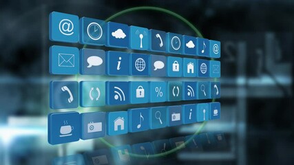 Poster - Communication and technology icons animation over blurred background