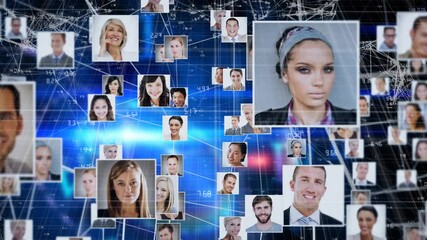 Poster - Network of connections and data processing animation over diverse people's portraits