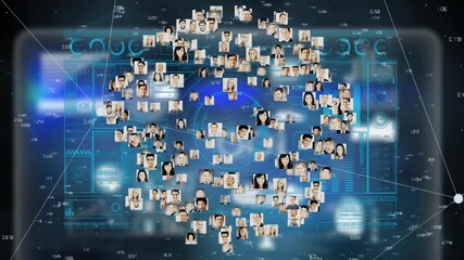 Poster - Network of profile pictures and data processing animation over digital interface