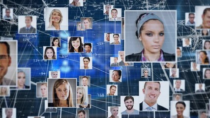 Poster - Network of profile pictures and connections animation over blue digital background