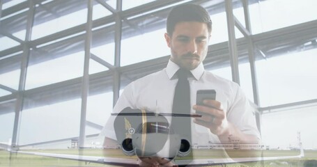 Poster - Businessman using smartphone over airplane animation at airport terminal