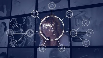 Poster - Medical technology icons and data processing animation over healthcare professionals working