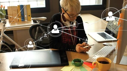 Poster - Network of connections animation over woman using smartphone at office desk