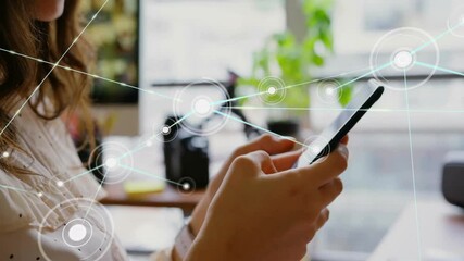Poster - Network connections and data points animation over person using smartphone in office