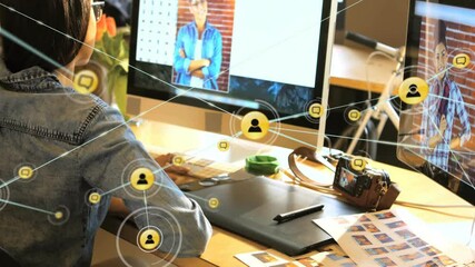 Poster - Network of connections animation over person working at desk with computer and camera