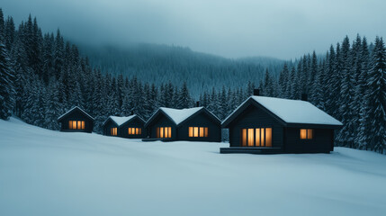 Sticker - Cozy wooden chalets nestled in a snow-covered winter resort warm lights glowing from windows surrounded by tall snow-dusted pine trees smoke rising from chimneys peaceful evening scene 