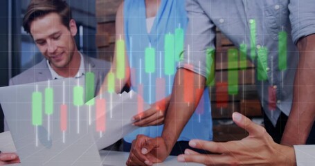 Poster - Financial data chart animation over diverse business team analyzing documents