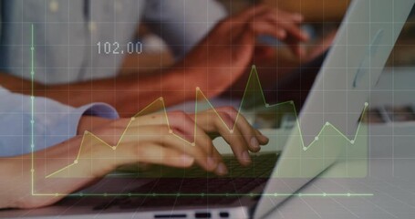 Poster - Typing on laptop, financial data graph animation over hands