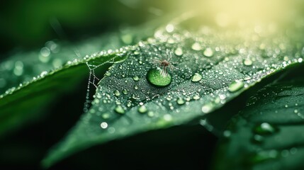 A tiny spider is captured on a dewy leaf with glistening droplets and an intricate spider web in the background, bathed in warm sunlight highlighting the green foliage.