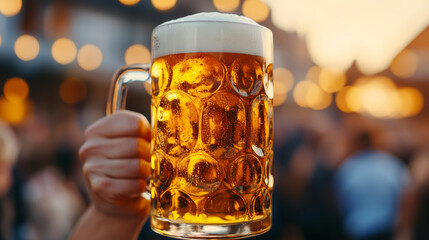 Wall Mural - Detailed shot of a dirndl-clad woman holding a large stein of beer golden liquid sparkling against the sunlight as people celebrate in the blurred background 