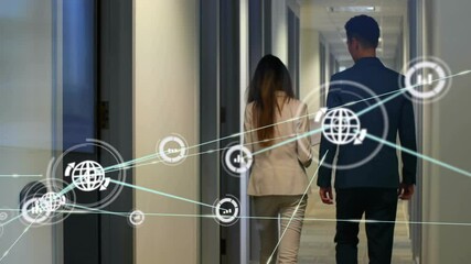Poster - Network of connections and data processing animation over business people walking in hallway