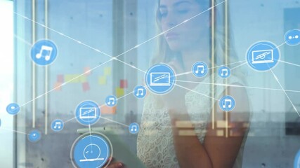 Poster - Digital media icons animation over woman using smartphone in office