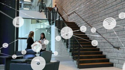 Poster - Network of connected devices animation over business people in modern office