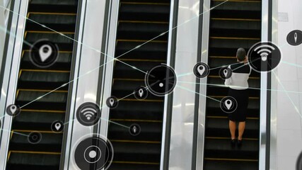 Poster - Network connection points and data icons animation over person on escalator