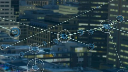 Poster - Network of connections and data processing animation over cityscape background