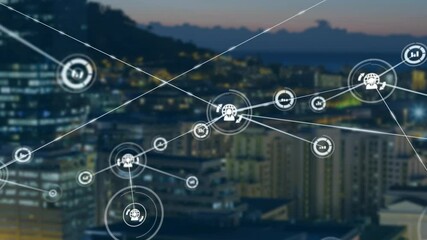 Poster - Network of connections and data processing animation over cityscape at dusk