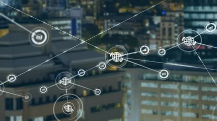 Poster - Network of connections and data processing animation over cityscape background