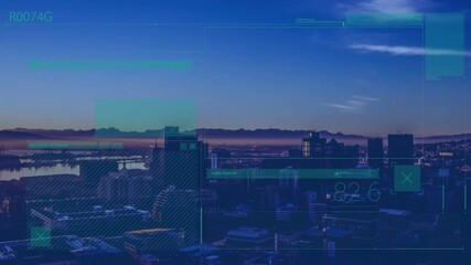 Poster - Cityscape with mountains in background and data processing animation over buildings