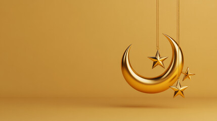 Sticker - Elegant crescent moon hanging with golden star ornaments against a softly glowing golden background symbolizing Ramadan festivity 