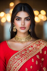 Elegant Diwali portrait of a woman wearing a vibrant red and gold saree intricate embroidery and jewelry complementing her festive look warm lights and traditional decor in the background 