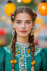 Elegant portrait of a woman in a stylish dirndl with braids and floral accessories holding a pretzel lively Oktoberfest background with tents and lanterns 