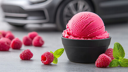 Wall Mural -   A bowl of raspberry ice cream surrounded by fresh berries rests on a table, adjacent to a car