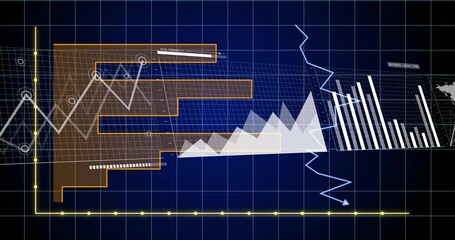 Poster - Graphs and charts animation over grid background with world map