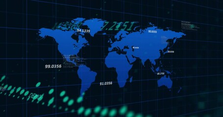 Poster - World map with data points and digital data processing animation