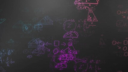 Poster - Mathematical equations and geometric shapes animation over dark background