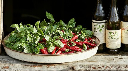   A bowl brimming with green and red peppers positioned beside two wine containers and a wine bottle on a window ledge